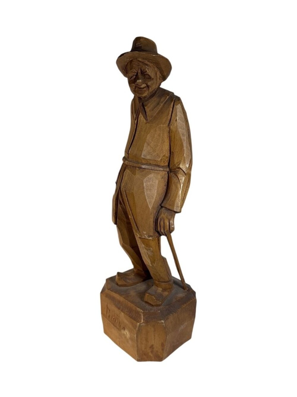 Hand Carved Wooden Figurine Elderly Man With Cane Signed Folk Art Sculpture 10"